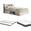 Lit avec tête de lit rangements et tiroirs - 160 x 200 cm - Coloris : Naturel et blanc + Sommier + Matelas - LEANDRE>Vente-unique New
