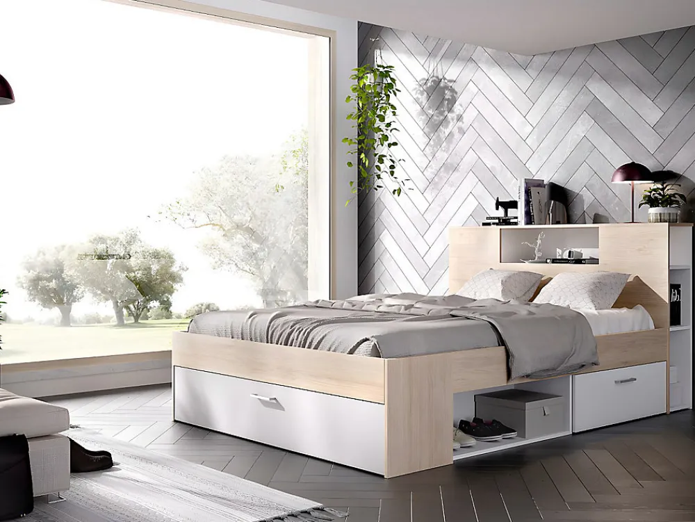 Lit avec tête de lit rangements et tiroirs - 160 x 200 cm - Coloris : Naturel et blanc + Sommier + Matelas - LEANDRE>Vente-unique New