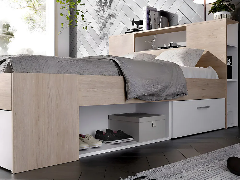 Lit avec tête de lit rangements et tiroirs - 160 x 200 cm - Coloris : Naturel et blanc + Sommier + Matelas - LEANDRE>Vente-unique New