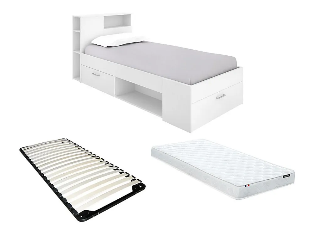 Lit avec tête de lit rangements et tiroir - 90 x 190 cm - Blanc + matelas + sommier - LEANDRE>Vente-unique Online