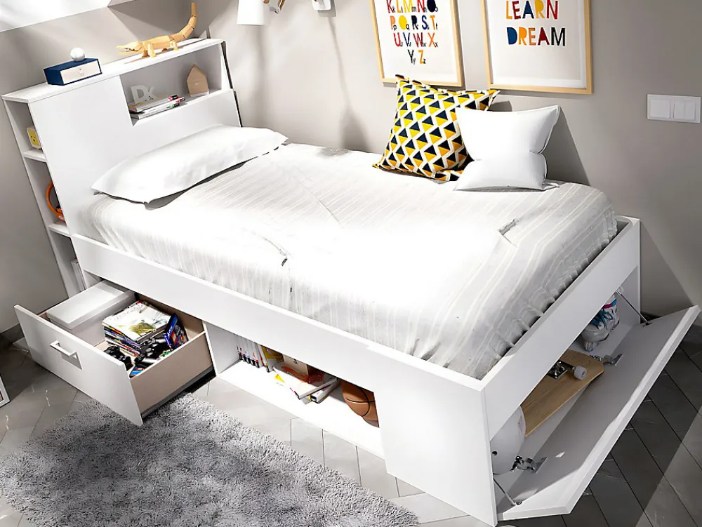 Lit avec tête de lit rangements et tiroir - 90 x 190 cm - Blanc + matelas + sommier - LEANDRE>Vente-unique Online