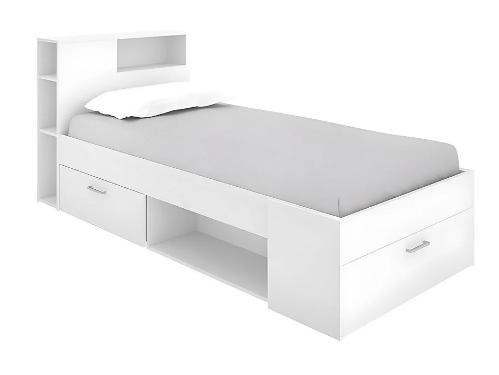 Lit avec tête de lit rangements et tiroir - 90 x 190 cm - Blanc + matelas + sommier - LEANDRE>Vente-unique Online
