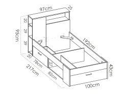 Lit avec tête de lit rangements et tiroir - 90 x 190 cm - Blanc + matelas + sommier - LEANDRE><noscript><img width=
