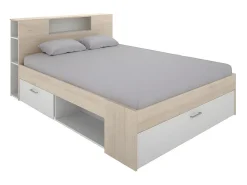 Lit avec tête de lit rangements et tiroirs - 160 x 200 cm - Coloris : Naturel et blanc - LEANDRE><noscript><img width=