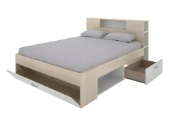 Lit avec tête de lit rangements et tiroirs - 160 x 200 cm - Coloris : Naturel et blanc - LEANDRE><noscript><img width=