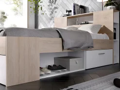 Lit avec tête de lit rangements et tiroirs - 160 x 200 cm - Coloris : Naturel et blanc - LEANDRE><noscript><img width=