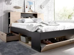 Lit avec tête de lit rangements et tiroirs - 160 x 200 cm - Coloris : Naturel et anthracite + Sommier - LEANDRE><noscript><img width=