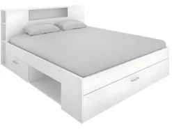 Vente-unique Lit avec tête de lit rangements et tiroirs - 160 x 200 cm - Coloris : Blanc + Sommier - LEANDRE* Lit Avec Rangement