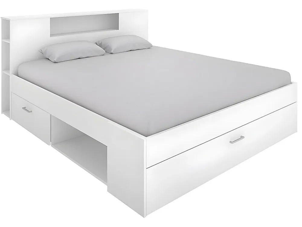 Vente-unique Lit avec tête de lit rangements et tiroirs - 160 x 200 cm - Coloris : Blanc + Sommier - LEANDRE* Lit Avec Rangement