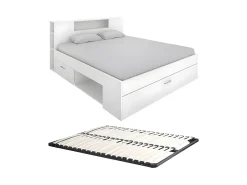 Vente-unique Lit avec tête de lit rangements et tiroirs - 160 x 200 cm - Coloris : Blanc + Sommier - LEANDRE* Lit Avec Rangement