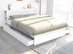 Vente-unique Lit avec tête de lit rangements et tiroirs 140 x 190 cm - Blanc - EUGENE* Lit Avec Rangement