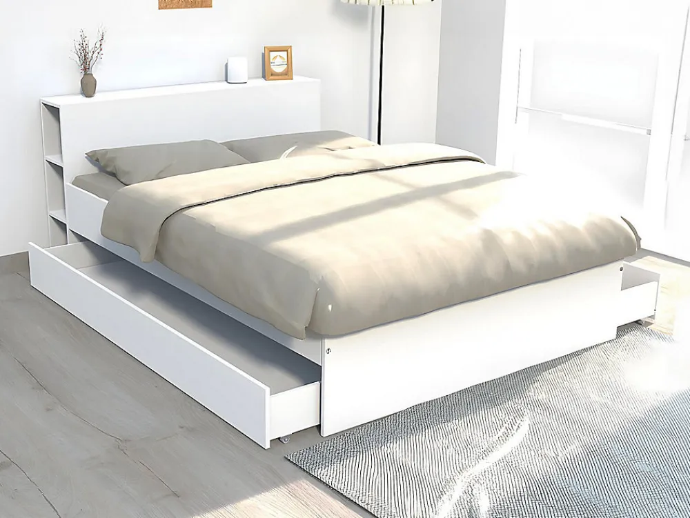 Vente-unique Lit avec tête de lit rangements et tiroirs 140 x 190 cm - Blanc - EUGENE* Lit Avec Rangement