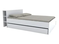 Vente-unique Lit avec tête de lit rangements et tiroirs 140 x 190 cm - Blanc - EUGENE* Lit Avec Rangement