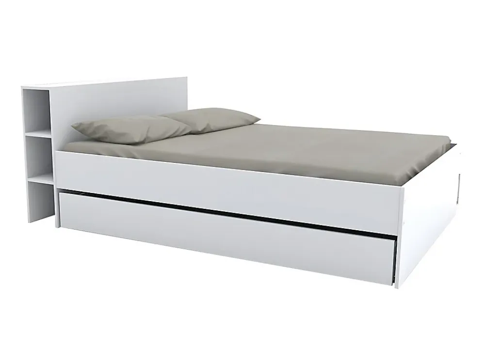 Vente-unique Lit avec tête de lit rangements et tiroirs 140 x 190 cm - Blanc - EUGENE* Lit Avec Rangement