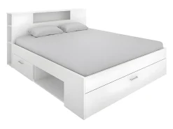 Vente-unique Lit avec tête de lit rangements et tiroirs - 160 x 200cm - Coloris : Blanc - LEANDRE* Lit Avec Rangement