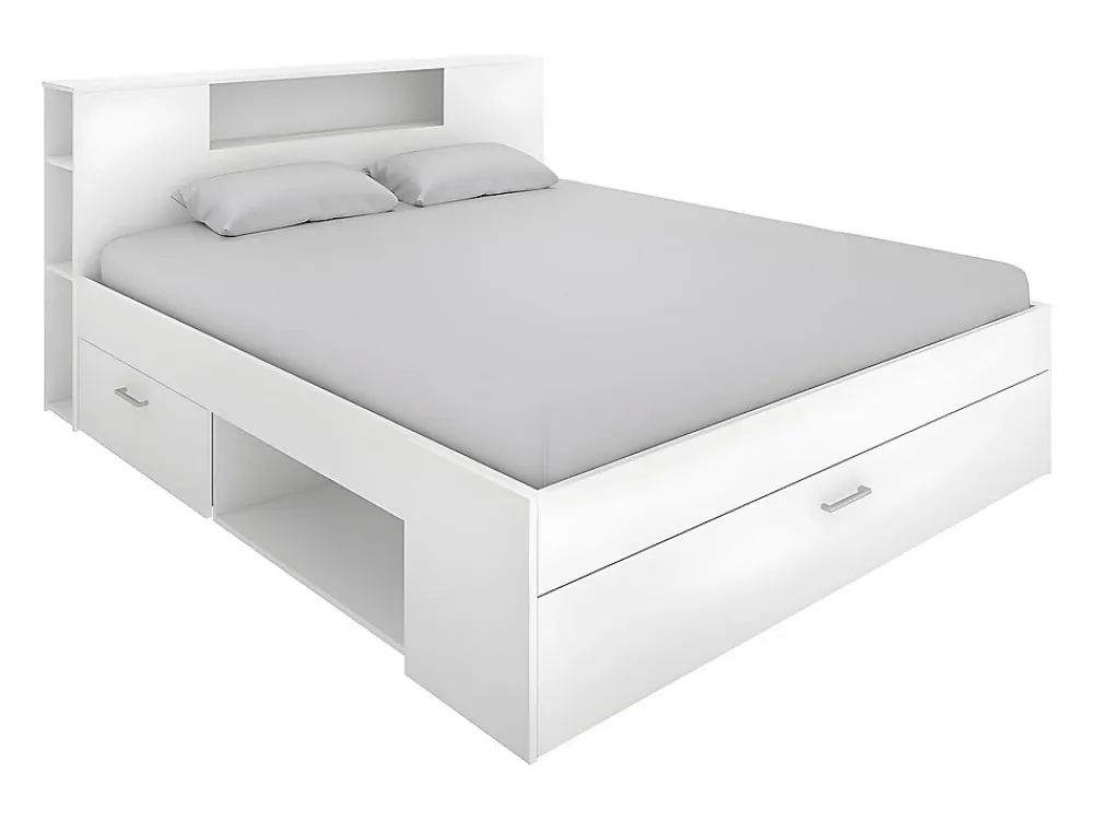 Vente-unique Lit avec tête de lit rangements et tiroirs - 160 x 200cm - Coloris : Blanc - LEANDRE* Lit Avec Rangement