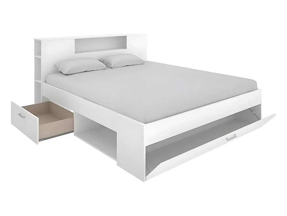 Vente-unique Lit avec tête de lit rangements et tiroirs - 160 x 200cm - Coloris : Blanc - LEANDRE* Lit Avec Rangement