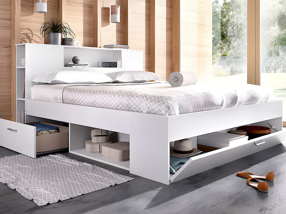 Vente-unique Lit avec tête de lit rangements et tiroirs - 160 x 200cm - Coloris : Blanc - LEANDRE* Lit Avec Rangement