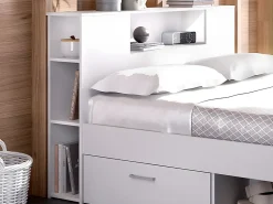 Vente-unique Lit avec tête de lit rangements et tiroirs - 160 x 200cm - Coloris : Blanc - LEANDRE* Lit Avec Rangement