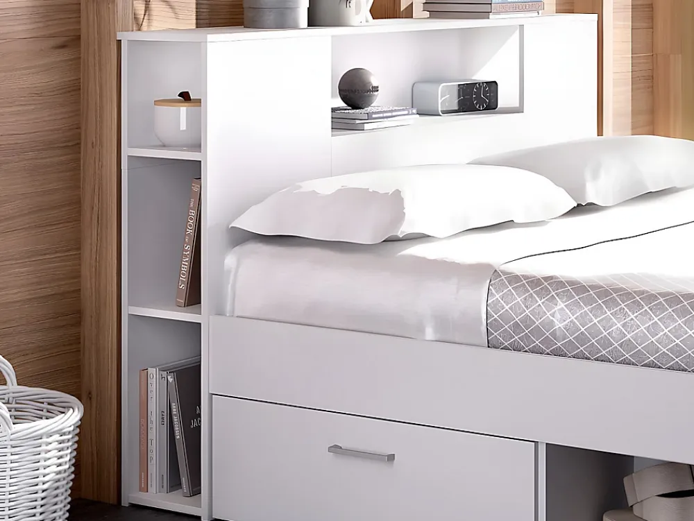 Vente-unique Lit avec tête de lit rangements et tiroirs - 160 x 200cm - Coloris : Blanc - LEANDRE* Lit Avec Rangement