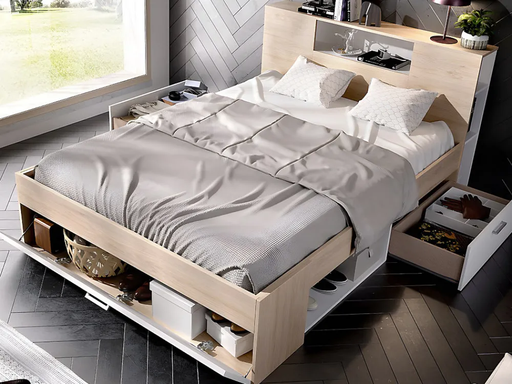 Lit avec tête de lit rangements et tiroirs - 160 x 200 cm - Coloris : Naturel et blanc + Sommier - LEANDRE>Vente-unique Discount