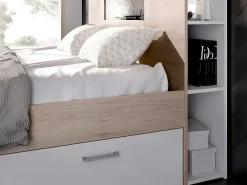 Lit avec tête de lit rangements et tiroirs - 160 x 200 cm - Coloris : Naturel et blanc + Sommier - LEANDRE><noscript><img width=
