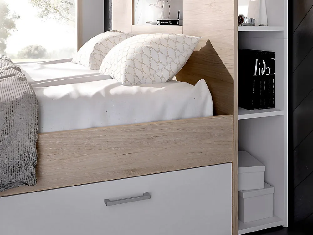 Lit avec tête de lit rangements et tiroirs - 160 x 200 cm - Coloris : Naturel et blanc + Sommier - LEANDRE>Vente-unique Discount