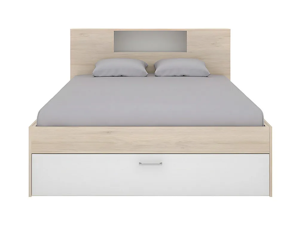 Lit avec tête de lit rangements et tiroirs - 160 x 200 cm - Coloris : Naturel et blanc + Sommier - LEANDRE>Vente-unique Discount