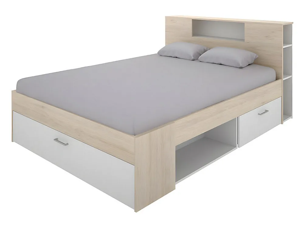 Lit avec tête de lit rangements et tiroirs - 160 x 200 cm - Coloris : Naturel et blanc + Sommier - LEANDRE>Vente-unique Discount