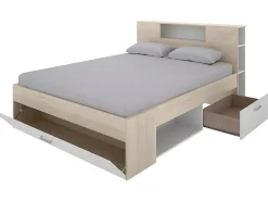 Lit avec tête de lit rangements et tiroirs - 160 x 200 cm - Coloris : Naturel et blanc + Sommier - LEANDRE><noscript><img width=