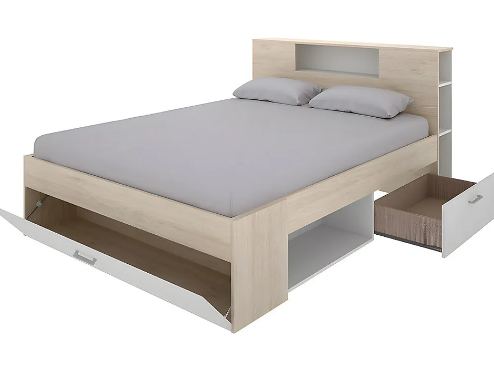 Lit avec tête de lit rangements et tiroirs - 160 x 200 cm - Coloris : Naturel et blanc + Sommier - LEANDRE>Vente-unique Discount