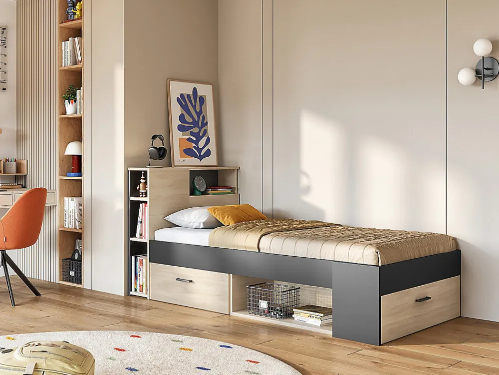 Lit avec tête de lit rangements et tiroir - 90 x 190 cm - Anthracite et naturel + matelas + sommier - LEANDRE>Vente-unique New