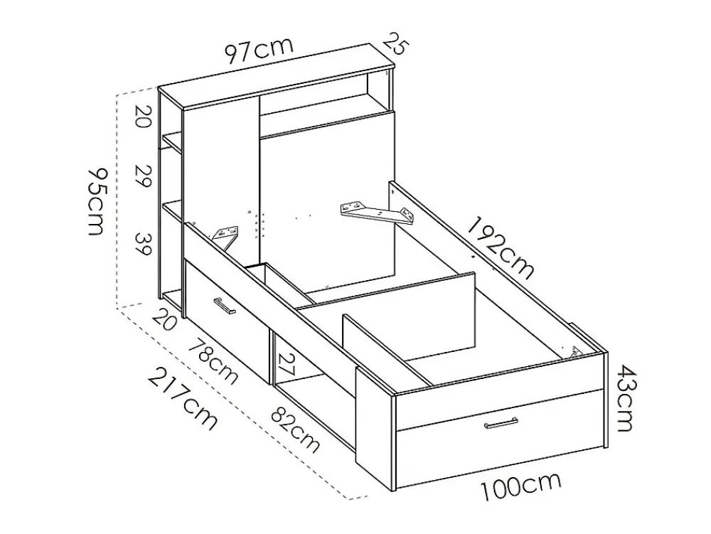 Lit avec tête de lit rangements et tiroir - 90 x 190 cm - Anthracite et naturel + matelas + sommier - LEANDRE>Vente-unique New