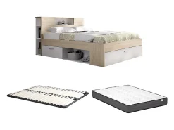 Lit avec tête de lit rangements et tiroirs - 140 x 190 cm - Coloris : Naturel et blanc + Sommier + Matelas - LEANDRE>Vente-unique Clearance