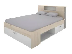Lit avec tête de lit rangements et tiroirs - 140 x 190 cm - Coloris : Naturel et blanc + Sommier + Matelas - LEANDRE><noscript><img width=