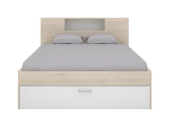 Lit avec tête de lit rangements et tiroirs - 140 x 190 cm - Coloris : Naturel et blanc + Sommier + Matelas - LEANDRE><noscript><img width=