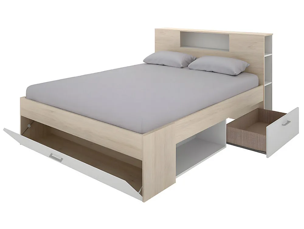 Lit avec tête de lit rangements et tiroirs - 140 x 190 cm - Coloris : Naturel et blanc + Sommier + Matelas - LEANDRE>Vente-unique Clearance