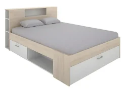 Lit avec tête de lit rangements et tiroirs - 140 x 190 cm - Coloris : Naturel et blanc - LEANDRE><noscript><img width=