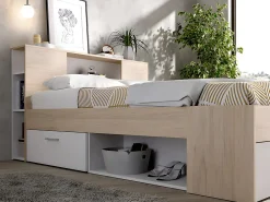 Lit avec tête de lit rangements et tiroirs - 140 x 190 cm - Coloris : Naturel et blanc - LEANDRE><noscript><img width=