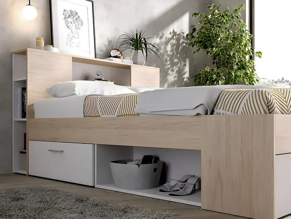 Lit avec tête de lit rangements et tiroirs - 140 x 190 cm - Coloris : Naturel et blanc - LEANDRE>Vente-unique Clearance