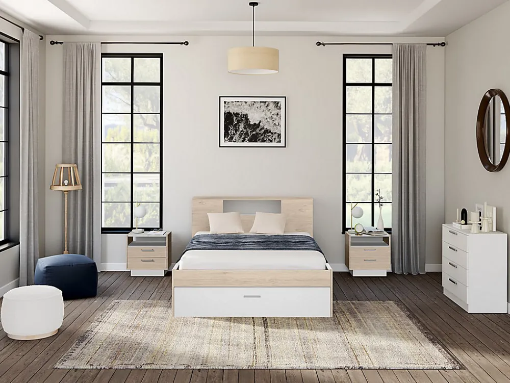 Lit avec tête de lit rangements et tiroirs - 140 x 190 cm - Coloris : Naturel et blanc - LEANDRE>Vente-unique Clearance