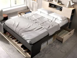Vente-unique Lit avec tête de lit rangements et tiroirs - 140 x 190 cm - Coloris : Naturel et anthracite + Sommier + Matelas - LEANDRE* Lit Avec Rangement