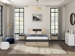 Vente-unique Lit avec tête de lit rangements et tiroirs - 140 x 190 cm - Coloris : Naturel et anthracite + Sommier + Matelas - LEANDRE* Lit Avec Rangement