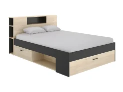 Vente-unique Lit avec tête de lit rangements et tiroirs - 140 x 190 cm - Coloris : Naturel et anthracite + Sommier + Matelas - LEANDRE* Lit Avec Rangement
