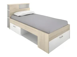 Lit avec tête de lit rangements et tiroir - 90 x 190 cm - Blanc et Naturel - LEANDRE><noscript><img width=