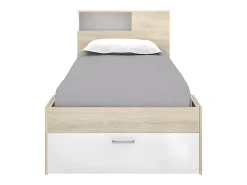 Lit avec tête de lit rangements et tiroir - 90 x 190 cm - Blanc et Naturel - LEANDRE><noscript><img width=