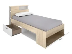 Lit avec tête de lit rangements et tiroir - 90 x 190 cm - Blanc et Naturel - LEANDRE><noscript><img width=