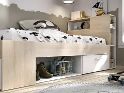 Lit avec tête de lit rangements et tiroir - 90 x 190 cm - Blanc et Naturel - LEANDRE><noscript><img width=