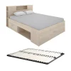 Lit avec tête de lit rangements et tiroirs - 140 x 190 cm - Coloris : Naturel + Sommier - LEANDRE>Vente-unique Hot