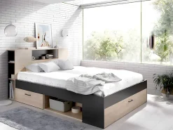 Lit avec tête de lit rangements et tiroirs - 140 x 190 cm - Coloris : Naturel + Sommier - LEANDRE>Vente-unique Hot